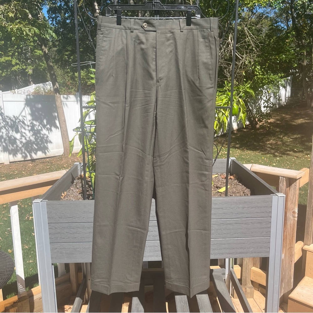 JB Britches Men’s Green 100% Virgin Wool Pleated Cuffed Dress Pants Size 36x32.5